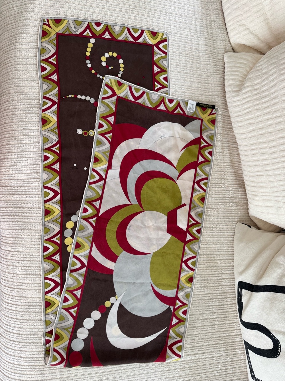 Emilio Pucci Multicolor Geometric Silk Scarf — Red, Olive, Brown & Cream